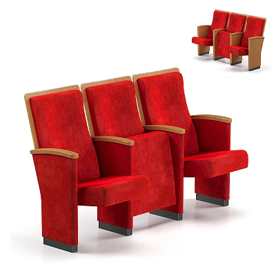 Multiple Red Upholstered Public Chairs With Wooden Armrests For Public Areas 3d model