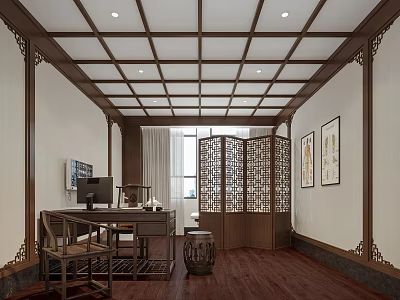 Traditional Chinese Study Room With Wooden Desk Chair Carved Screen Paintings And Wooden Ceiling 3d model