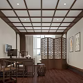 Traditional Chinese Study Room With Wooden Desk Chair Carved Screen Paintings And Wooden Ceiling