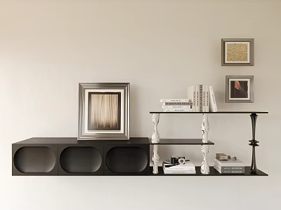 Modern Wall Mounted Storage Shelf with Framed Pictures Books and Decorative Accents 3d model