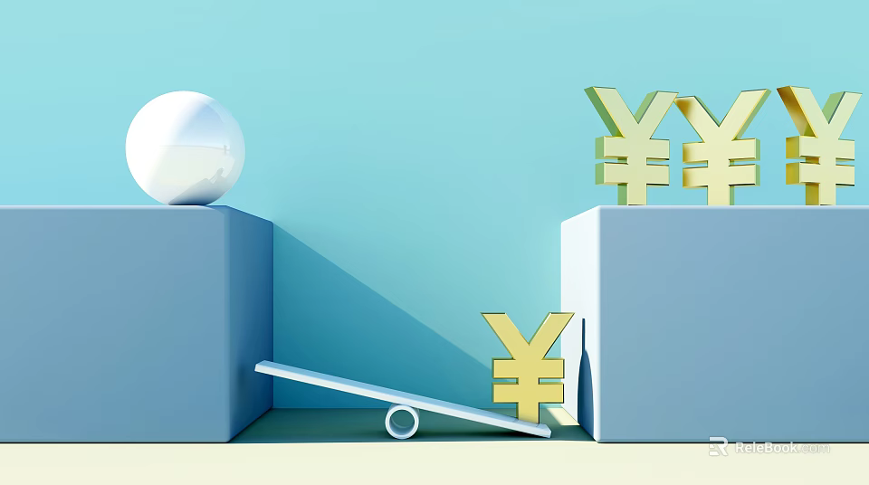 Conceptual Scene With Blue Cubes White Ball Gold Yen Symbols And Seesaw 3d model 
