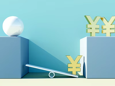Conceptual Scene With Blue Cubes White Ball Gold Yen Symbols And Seesaw 3d model