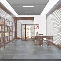 Chinese Traditional Interior With Wooden Bookshelves Carved Screen And Ceramic Jars