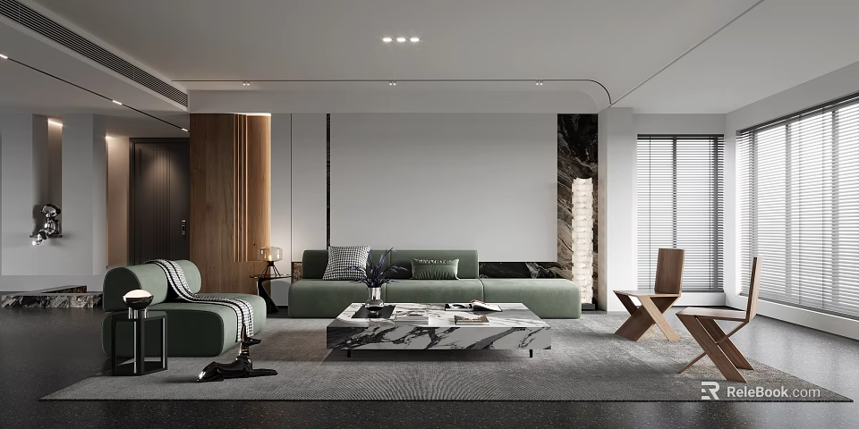 Modern Living Room Interior With Green Sofas And Marble Coffee Table 3d model