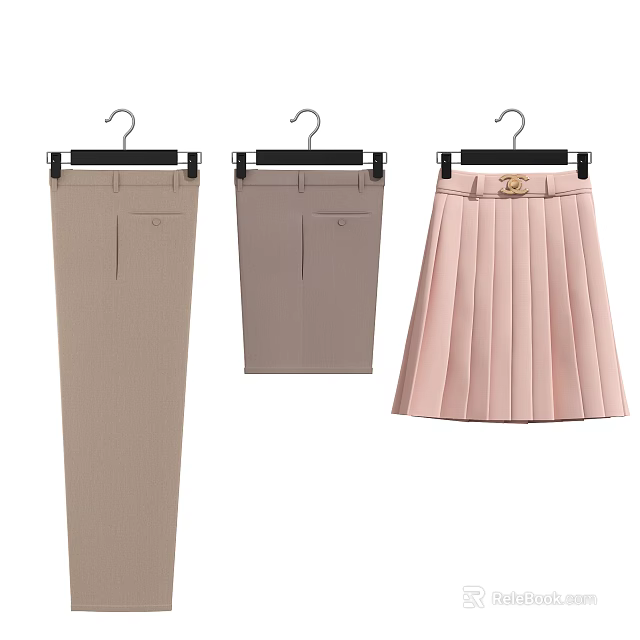Beige Light Brown Trousers And Pink Pleated Skirt Hanging On Black Hangers With Golden Decoration 3d model 