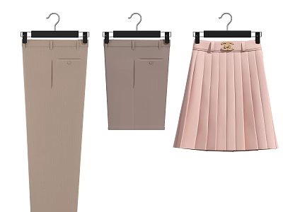 Beige Light Brown Trousers And Pink Pleated Skirt Hanging On Black Hangers With Golden Decoration 3d model
