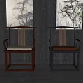 Chinese Style Wooden Armchairs With Beige And Brown Cushions Against Dark Paneled Walls