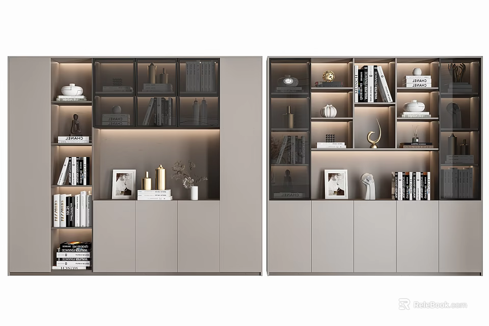 Modern Bookcase Interior Design With Layered Shelves Books Decorations And Lighting 3d model 