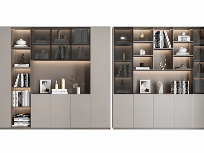 Modern Bookcase Interior Design With Layered Shelves Books Decorations And Lighting 3d model