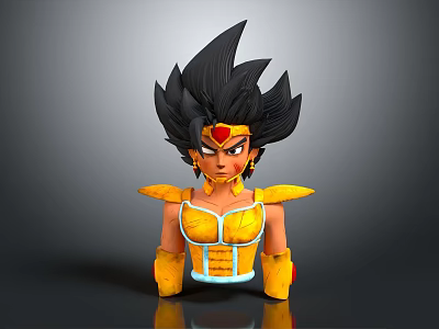 3D Character Bust Sculpture With Spiky Black Hair Red Gem Headpiece Yellow Armor And Blue Accents 3d model