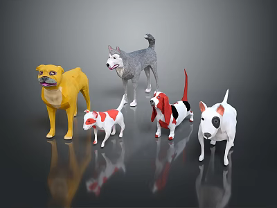 Colorful Cartoon Dog Models With Various Breeds And Reflections On Black Background 3d model