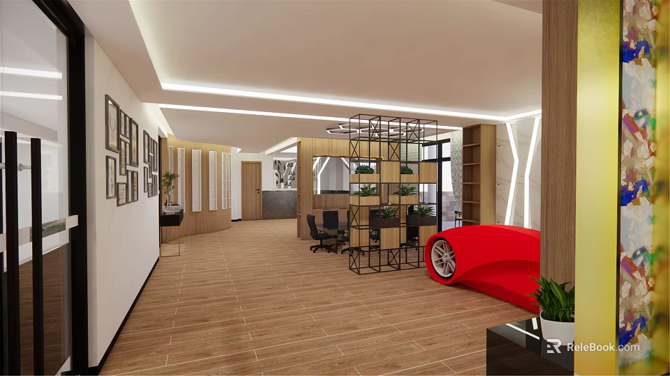 Modern Leisure Area Interior With Wooden Flooring Red Sofa Black Chairs And Plants 3d model 
