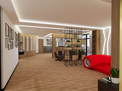 Modern Leisure Area Interior With Wooden Flooring Red Sofa Black Chairs And Plants 3d model