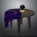 Round Wooden Table With Blue Tablecloth Featuring Yellow Stars And Moon Patterns And Celestial Globe