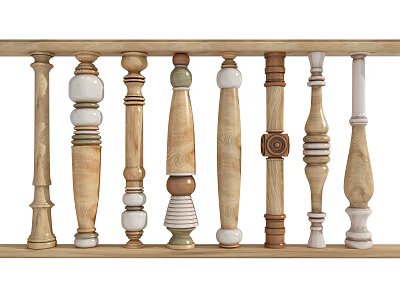 Wooden Fence Balusters with Various Decorative Designs Natural Beige Brown Tones for Home Garden 3d model