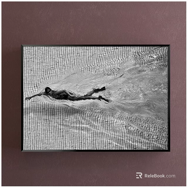 Black and White Swimming Figure Painting With Water Ripples And Black Frame 3d model 