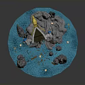 Igloo With Yellow Roof Rocky Peaks Blue Water And Floating Debris