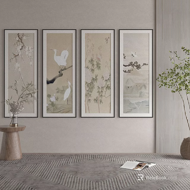 Elegant Chinese Style Plant Paintings With Floral And Bird Designs For Living Room Interior Decor 3d model 