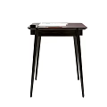 Modern Wooden Desk with Slim Legs Drawer Colored Pencils and Paper
