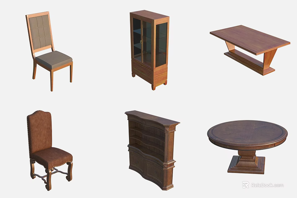 Wooden Dining Table Set with Chairs Cabinet Rectangular and Round Tables Dresser 3d model