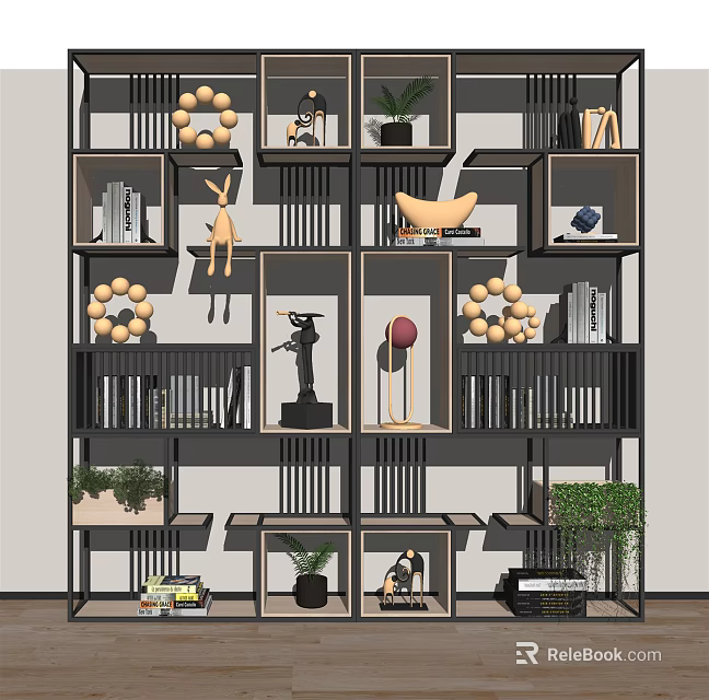 Modern Multi Tiered Shelving Unit With Decorative Sculptures Books And Plants 3d model 