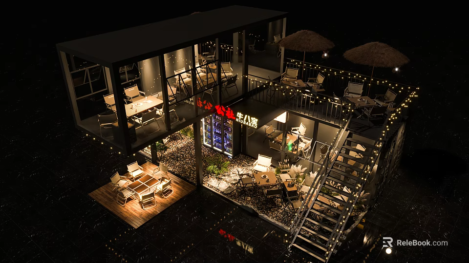 Modern Container Building Cafe Design With Outdoor Terrace Tables Chairs And Lighting 3d model 