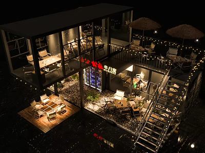 Modern Container Building Cafe Design With Outdoor Terrace Tables Chairs And Lighting 3d model
