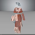 Elegant Red And Pink Dress With Blue Hat And Layered Ruffled Skirt
