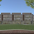 Modern Townhouse Exterior With Large Glass Windows Wooden Accents And Green Lawn Area