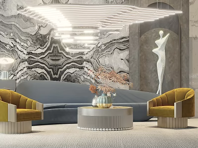 Elegant Modern Lounge Sofa Coffee Table Set With Yellow Armchairs Marble Backdrop And Sculpture Lighting 3d model