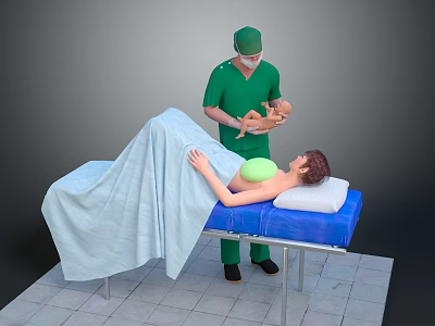 Blue Medical Treatment Bed with Metal Frame and Patient Covered in Light Blue Blanket 3d model