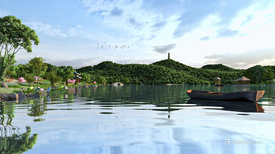 Stunning Lakeside Natural Landscape With Lush Green Hills Calm Water Ancient Pagoda And Flying Birds 3d model 