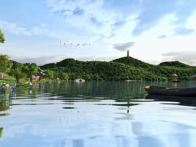 Stunning Lakeside Natural Landscape With Lush Green Hills Calm Water Ancient Pagoda And Flying Birds 3d model