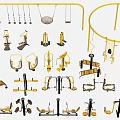 Golden And Black Fitness Equipment Collection With Various Strength Training Tools And Machines