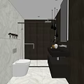 Modern Hotel Bathroom Interior With White Toilet Dark Shower Enclosure Black Vanity And Marble Flooring