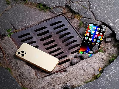 Gold iPhone And Modern Smartphone With Bright Screen Displaying Apps On Outdoor Surface 3d model