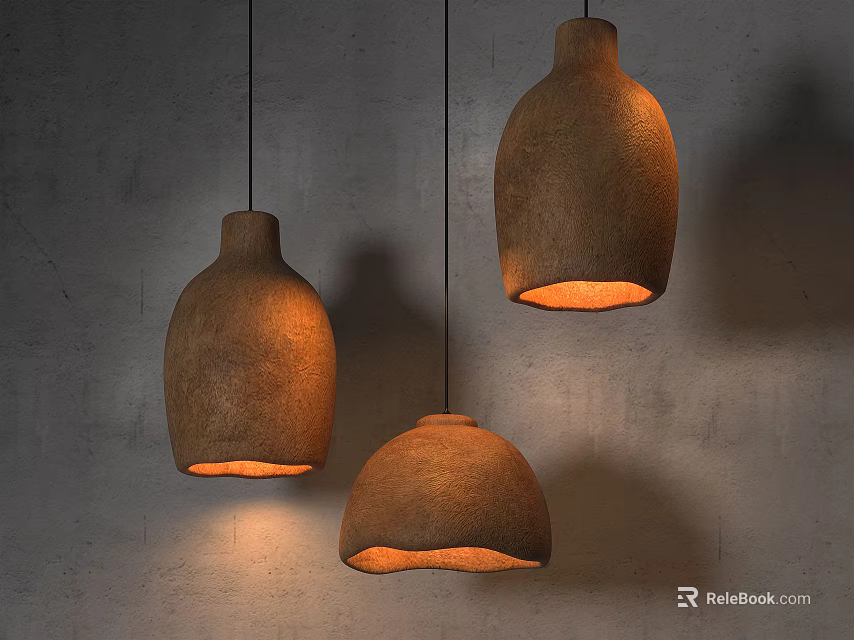 Brown Clay Pendant Lights Bottle And Dome Shaped With Warm Glow On Gray Wall 3d model 