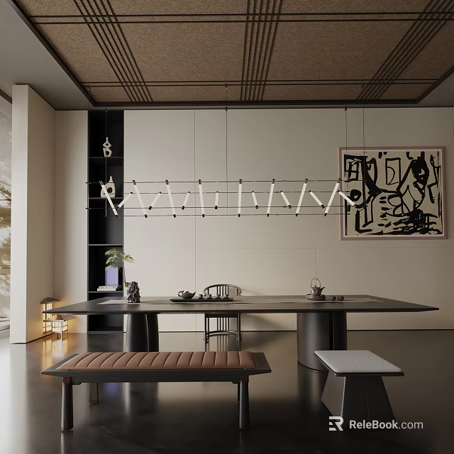Modern Dining Table Set With Long Wooden Table Matching Bench And Pendant Lighting Decor 3d model 