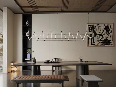 Modern Dining Table Set With Long Wooden Table Matching Bench And Pendant Lighting Decor 3d model
