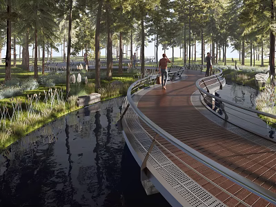 Scenic Curved Wooden Boardwalk Pedestrian Road Facility With Trees And Water 3d model