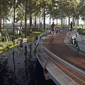 Scenic Curved Wooden Boardwalk Pedestrian Road Facility With Trees And Water