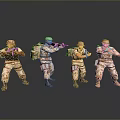 Toy Military Action Figures In Camouflage Uniforms With Various Weapon Poses