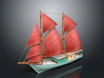 Traditional Chinese Sailing Boat Model With Red Sails And Wooden Masts 3d model