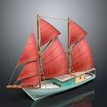 Traditional Chinese Sailing Boat Model With Red Sails And Wooden Masts