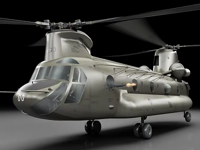 Military Transport Helicopter With Twin Rotor Gray Body Armament And Landing Gear 3d model