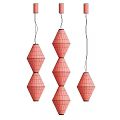 Three Diamond Shaped Cream Colored Fabric Pendant Lights Stacked Two Layers With Black Wires