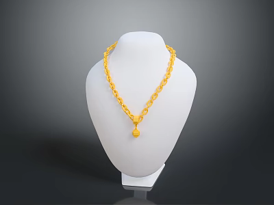 Gold Necklace With Chain Link Design Round Pendant On White Mannequin Transparent Base 3d model