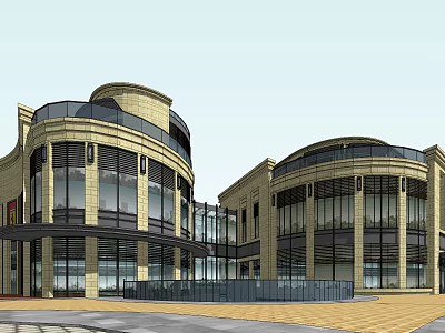 Modern Commercial Complex With Circular Architecture Glass Curtain Walls And Stone Exterior 3d model