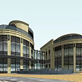 Modern Commercial Complex With Circular Architecture Glass Curtain Walls And Stone Exterior