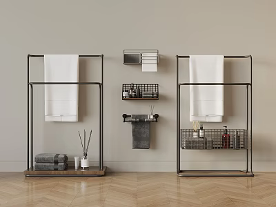 Modern Bathroom Setup With Metal Towel Racks Storage Shelves And Toiletries 3d model